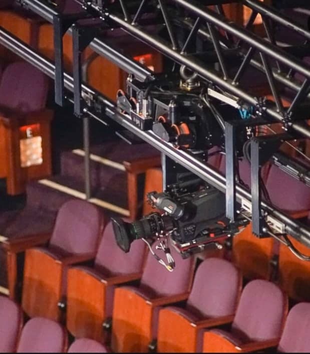 Wide view of a Furio Sky Dolly system running overhead at America's Got Talent