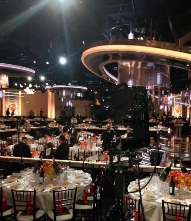 Towercam positioned between tables inside the Golden Globe Awards ballroom