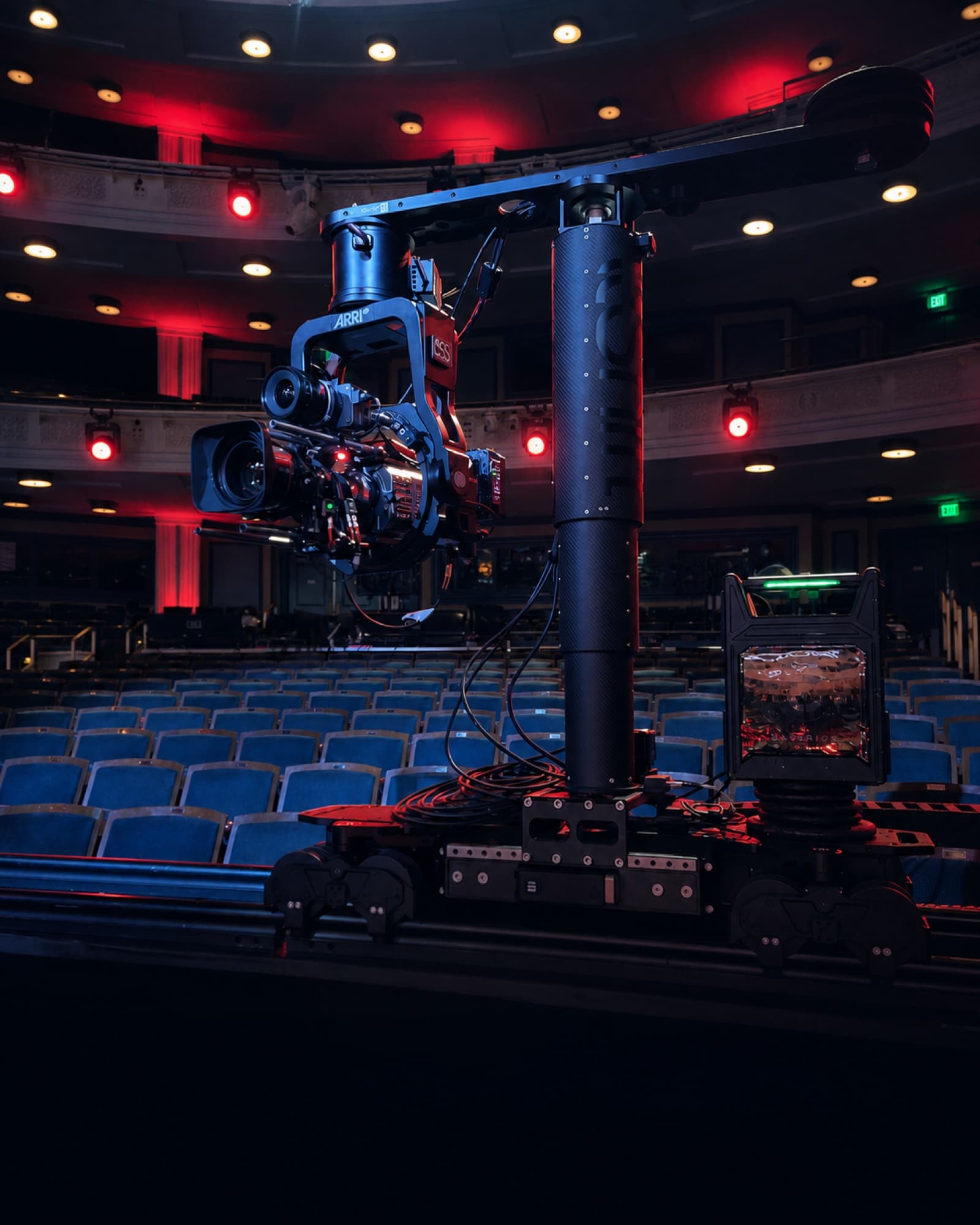 Fluid Pictures custom robotic camera system and remote head operating on rail in a theater