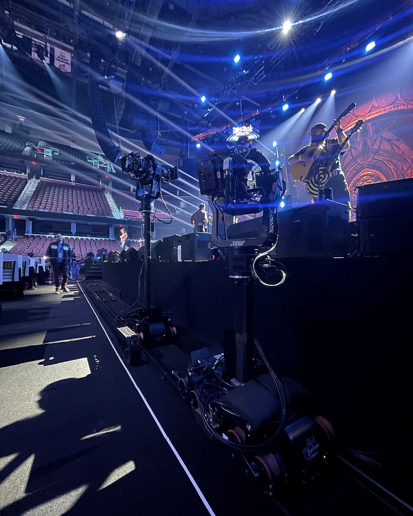 Furio robotic railcam carrying an ARRI SRH-360 stabilized head beside an arena concert stage