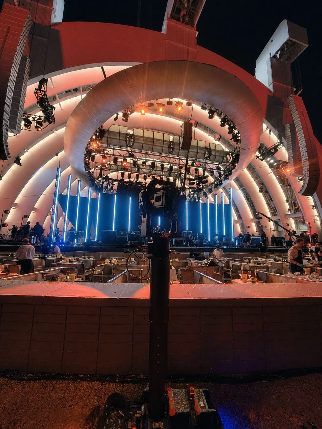 Fluid Pictures Agito tower camera positioned in front of the illuminated Hollywood Bowl band shell during an evening event