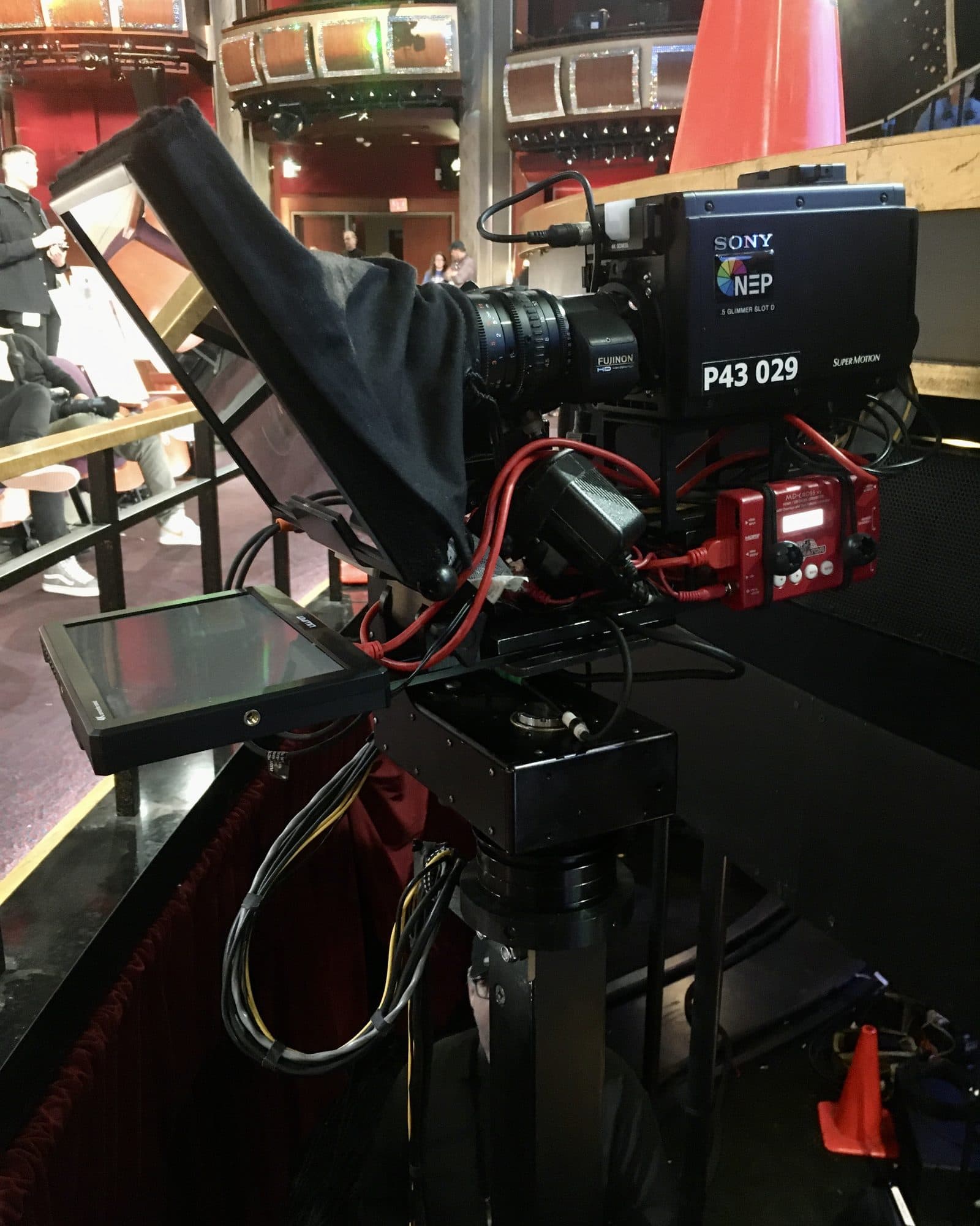 Talon remote head carrying a broadcast camera and prompter on a theatre balcony position