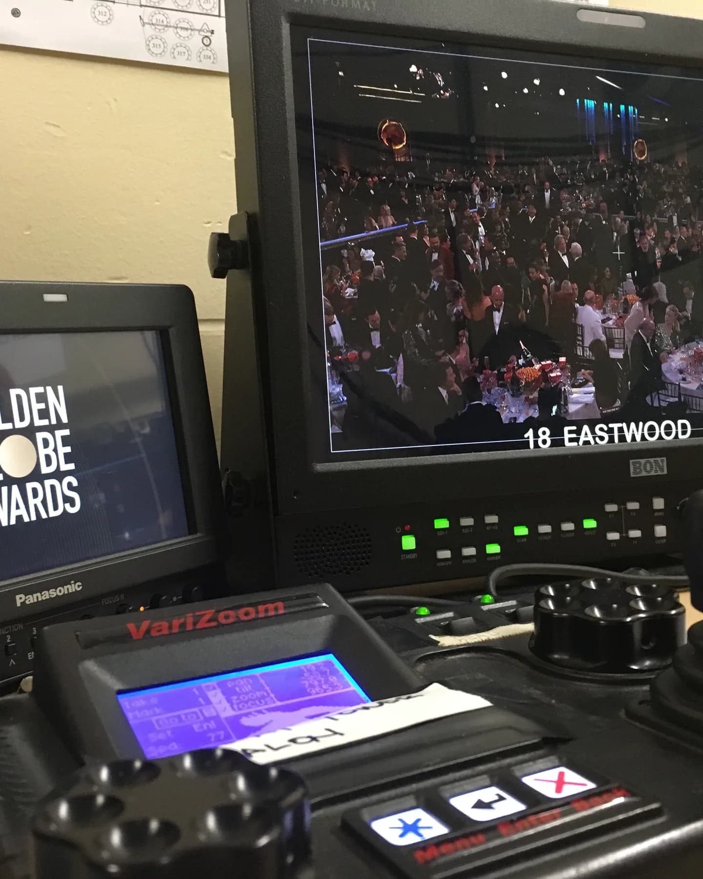 Remote head operator controls in front of a monitor showing the Golden Globe Awards