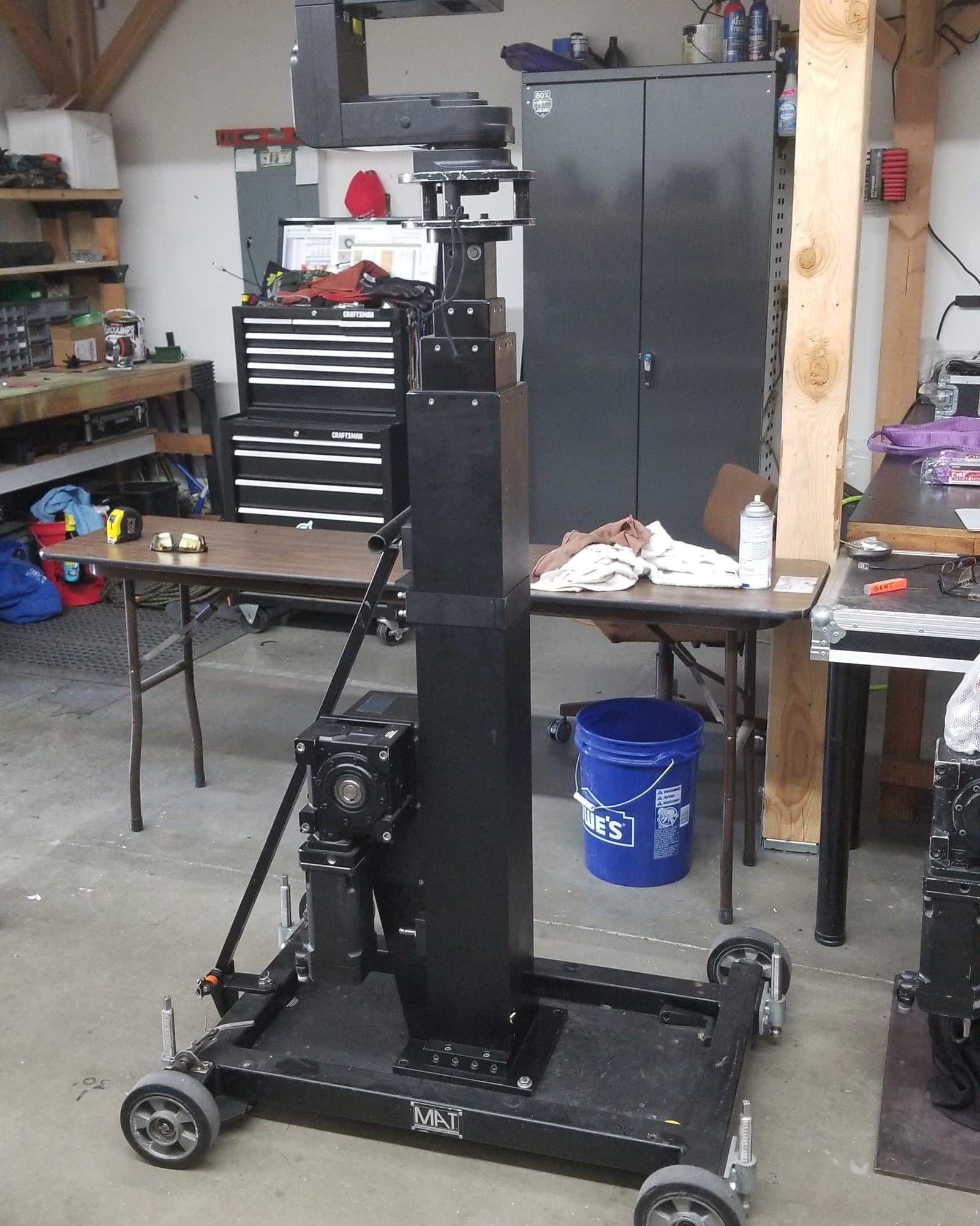 MAT Towercam 410 on its wheeled base in the Fluid Pictures shop