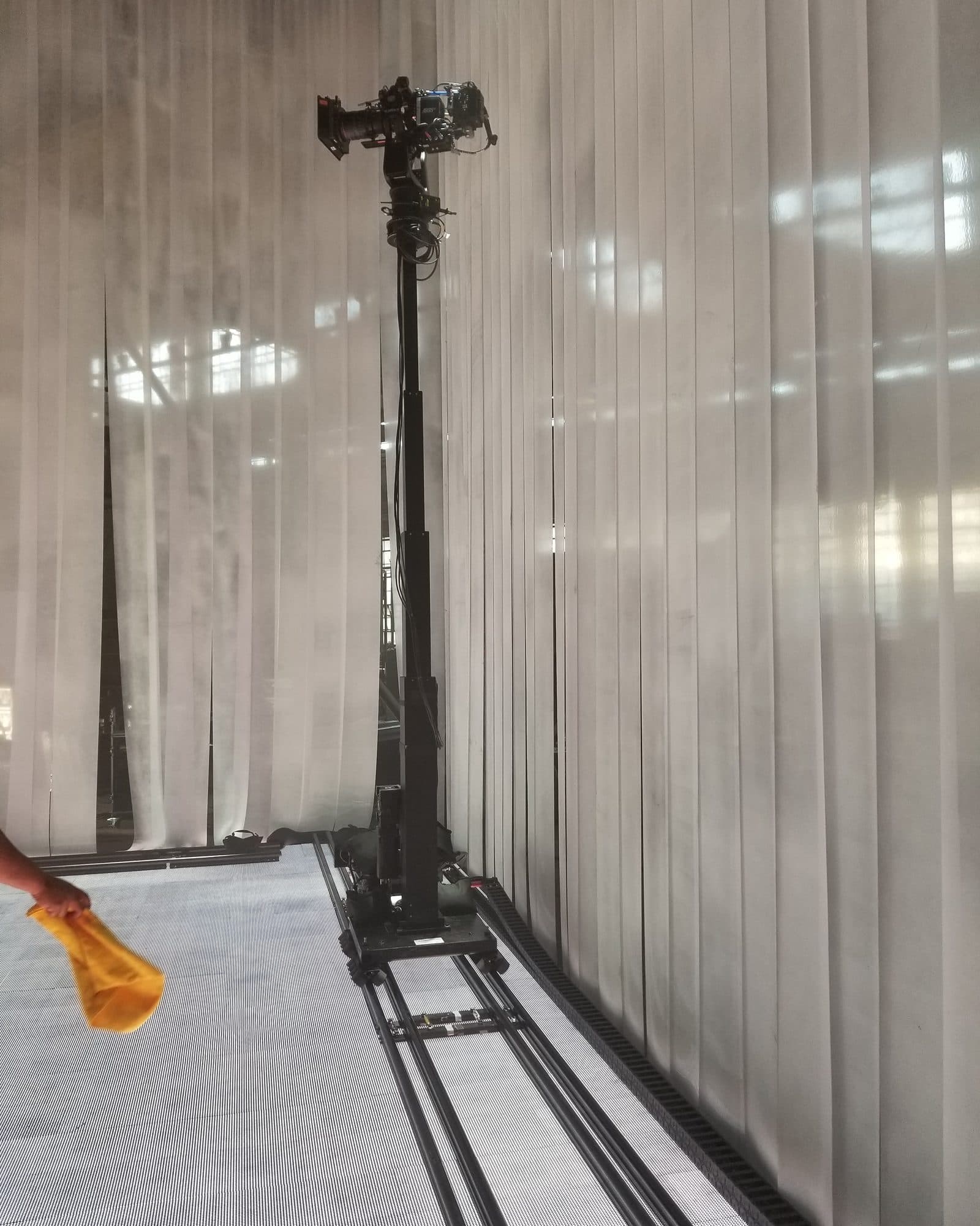 MAT Towercam 410 on a track dolly with the column raised to full extension