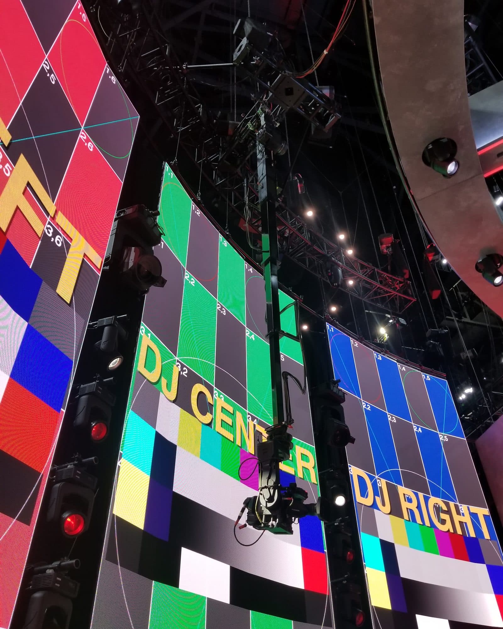 MAT Twin Peek towercam working beside curved LED panels displaying test patterns