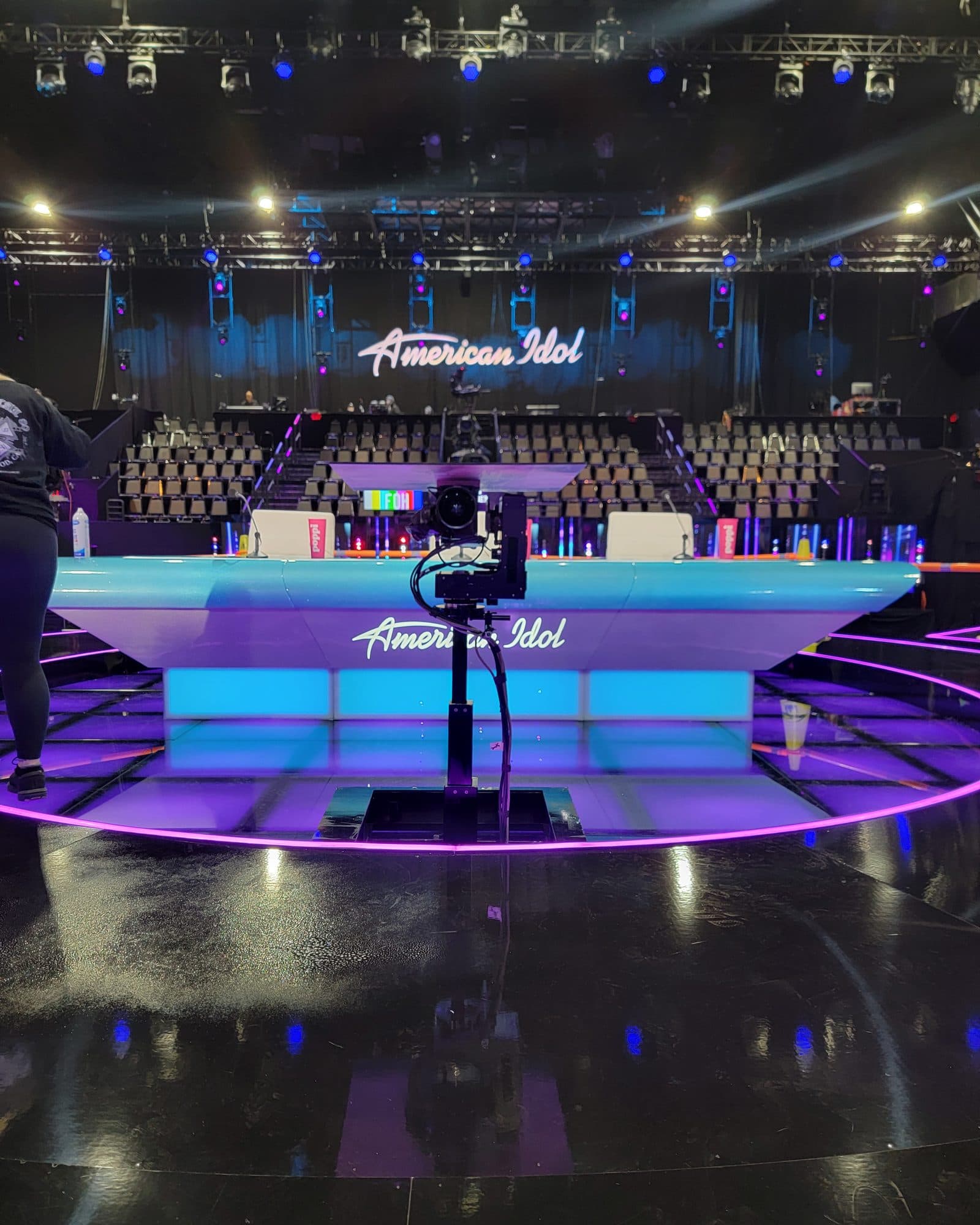 MAT Towercam XS+ set at the American Idol judges' desk with the house empty during setup