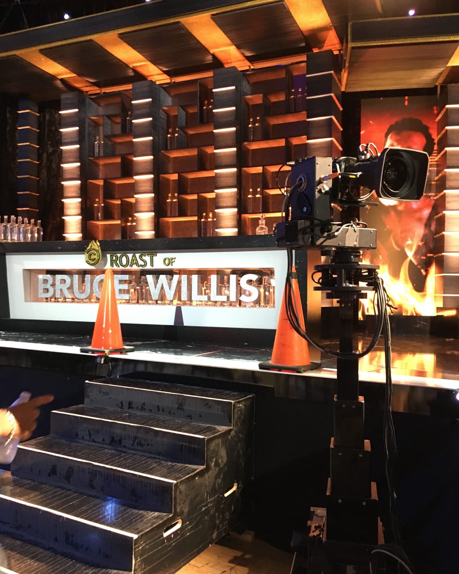 MAT Towercam XS+ carrying a camera beside the Roast of Bruce Willis stage set