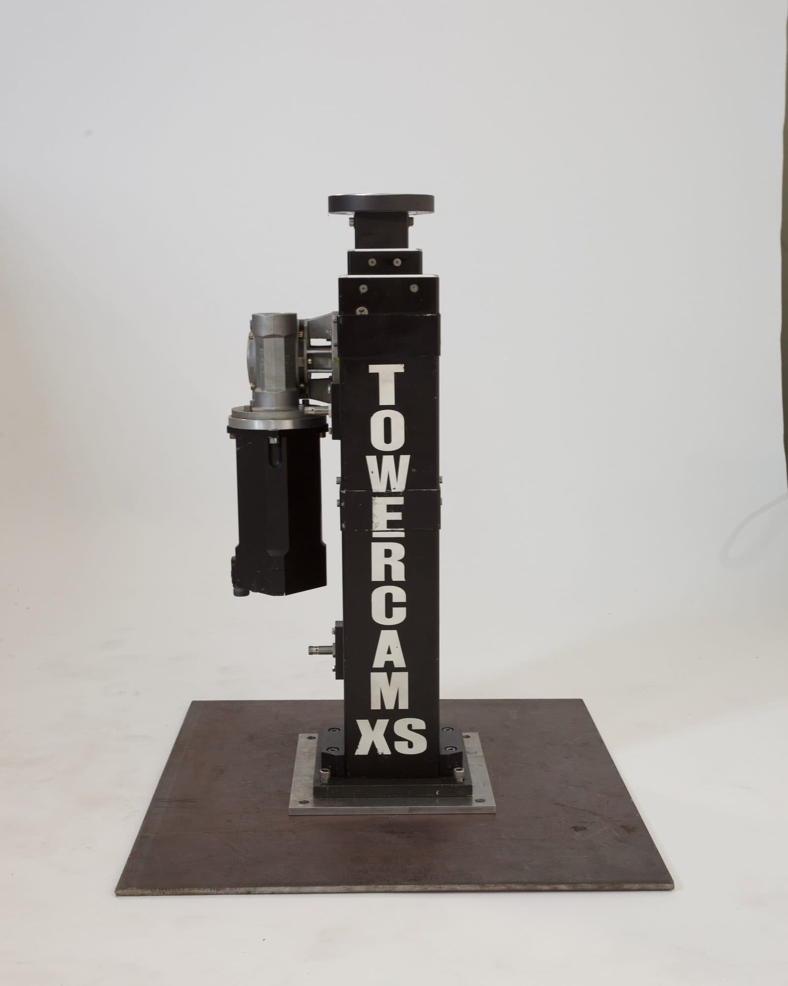 MAT Towercam XS column fully retracted on its base plate, with the remote head mounted