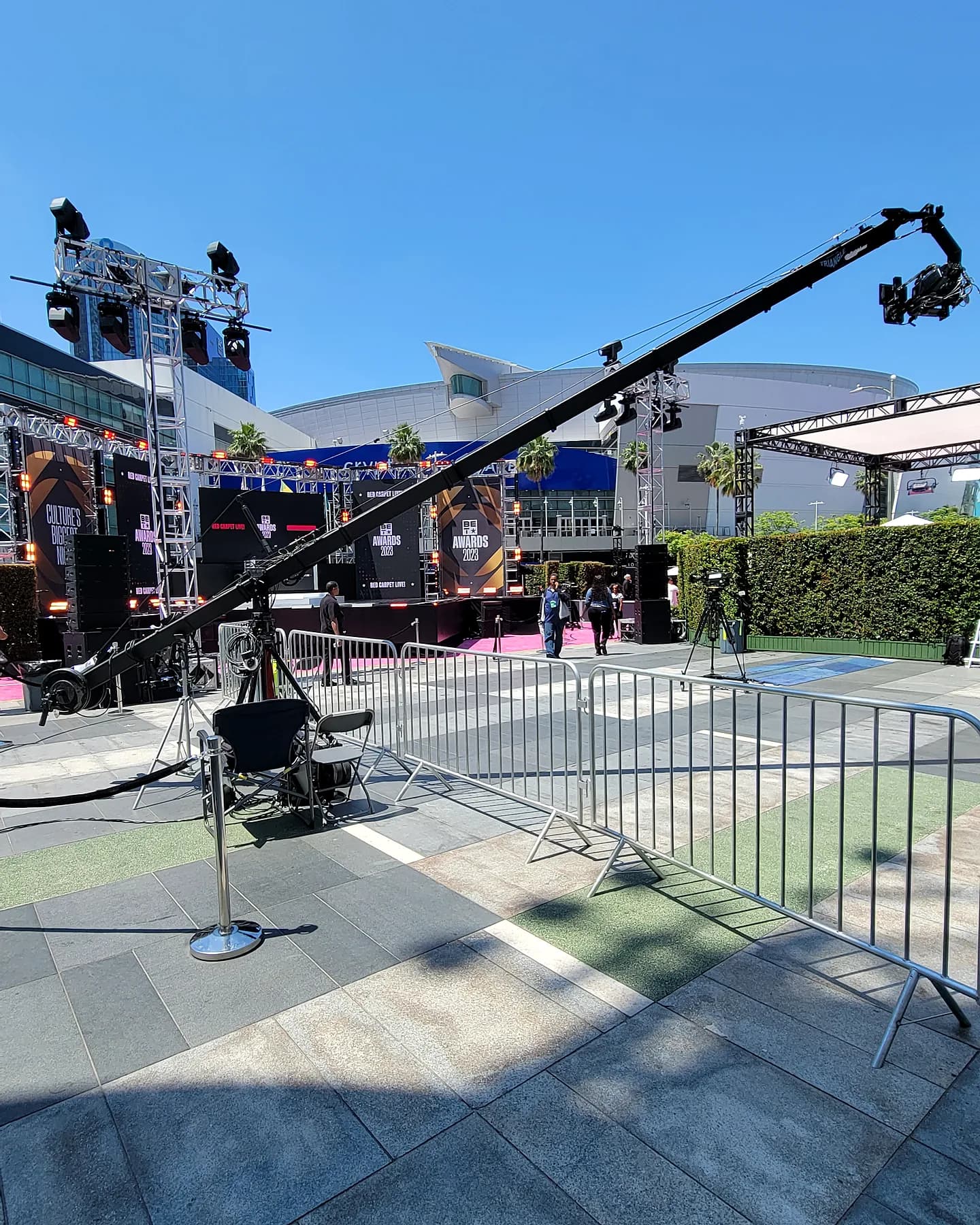 Stanton Jimmy Jib Triangle reaching over the outdoor BET Awards setup