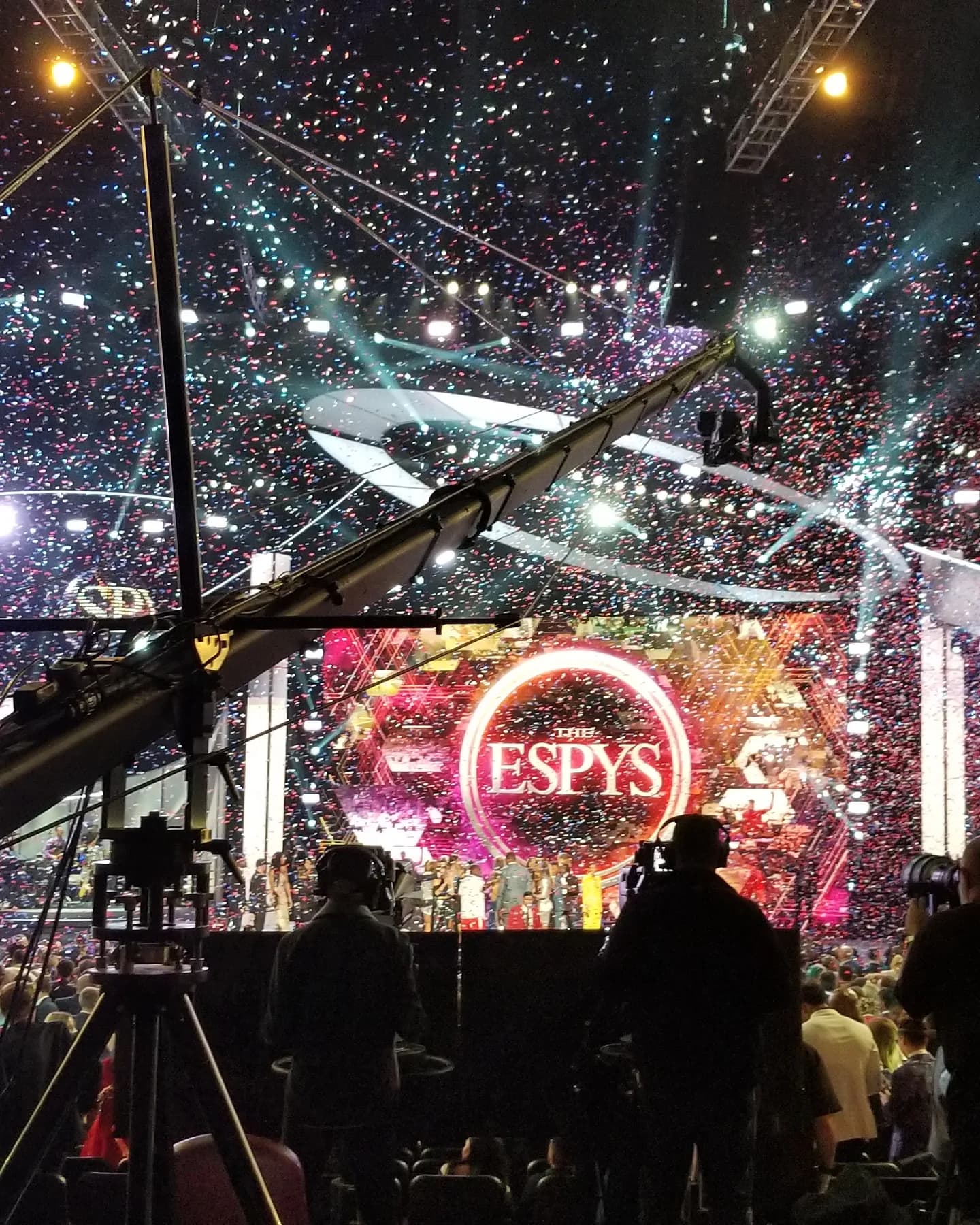Jimmy Jib camera crane reaching over the audience as confetti falls at the ESPY Awards