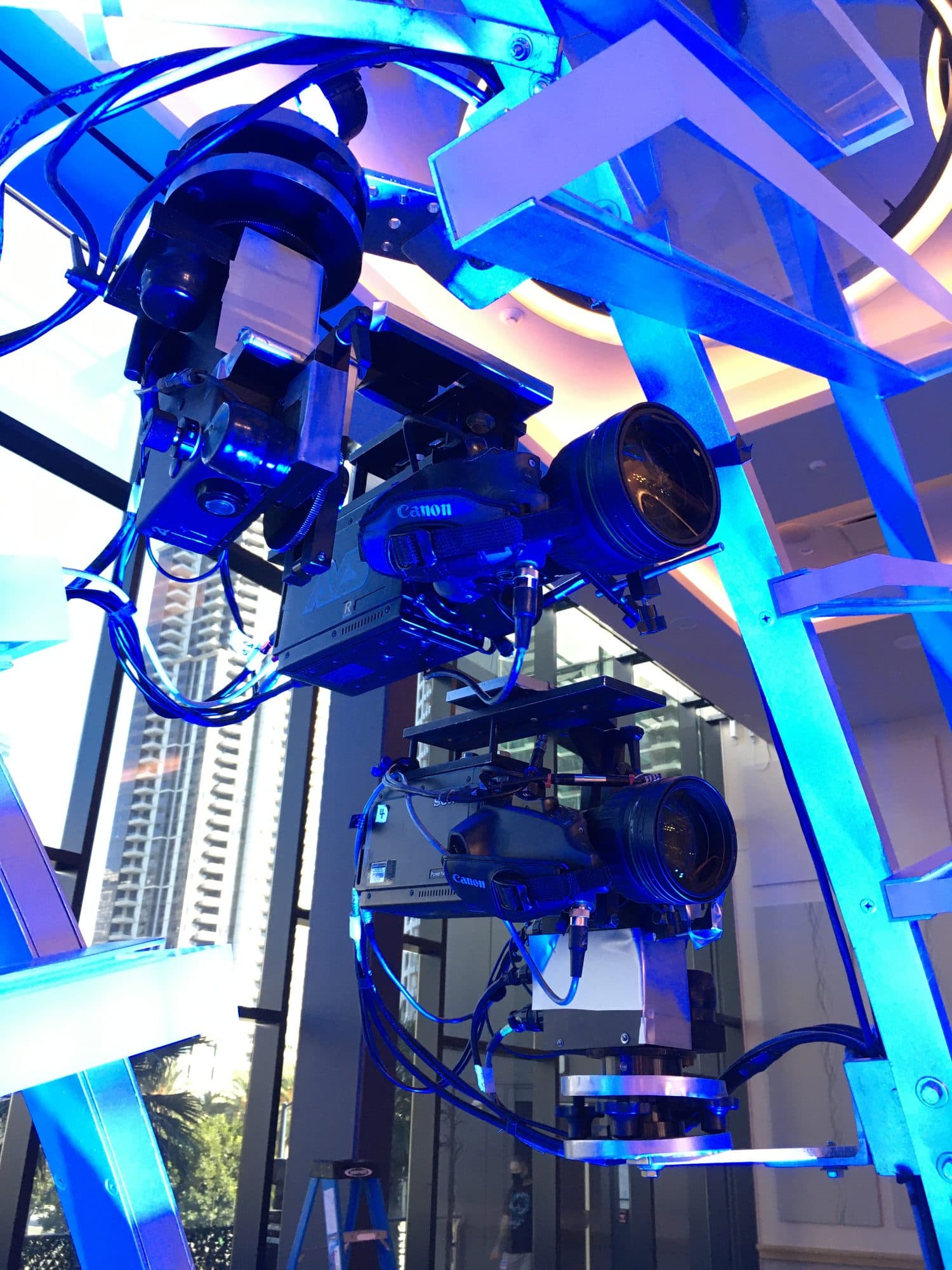 Close view of Stanton Mini remote heads carrying cameras on the American Idol set arch