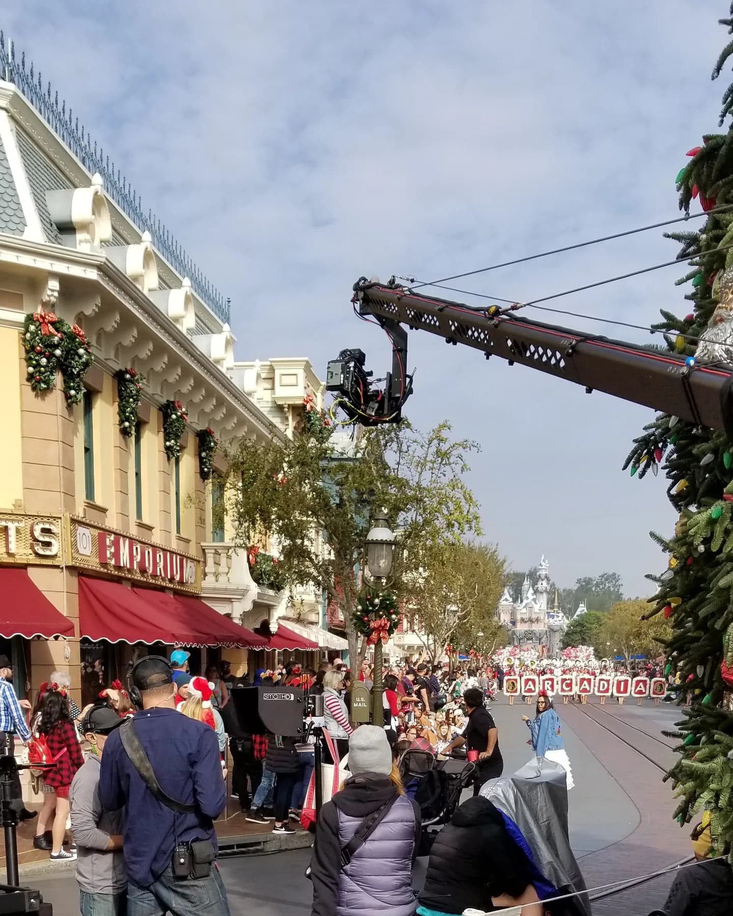 Stanton Triangle remote head on a jib arm reaching over a holiday parade route